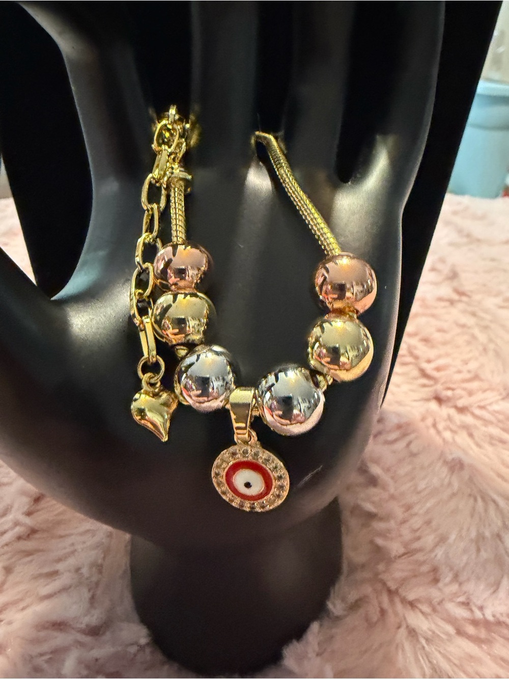 Gold Tone Tri-Color Bead Bracelet with Red Evil Eye Charm